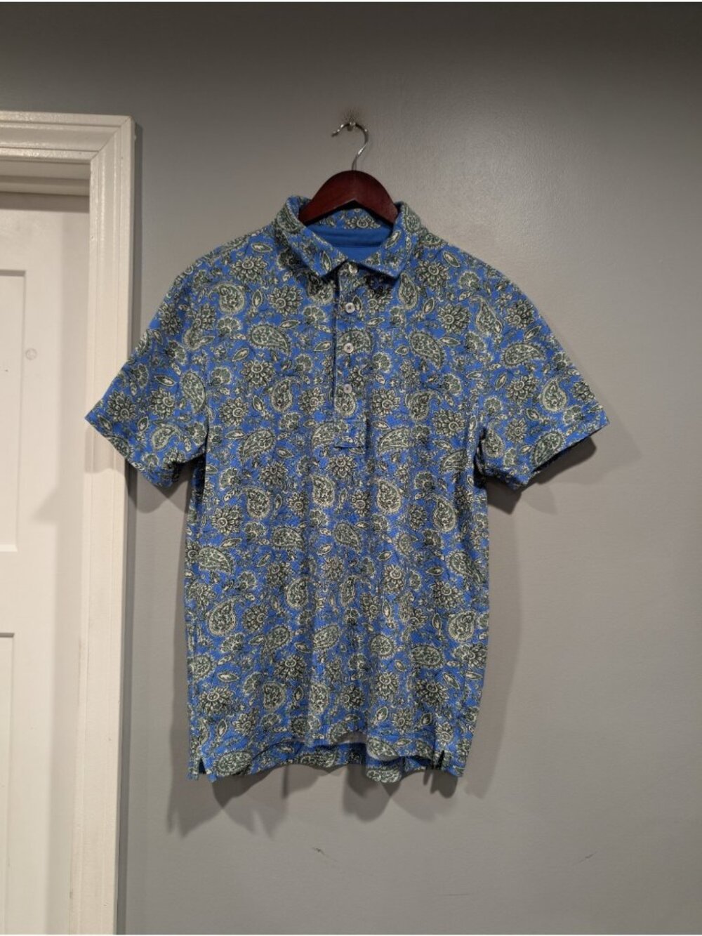Boden Mens Blue Paisley Polo Shirt 100% Cotton Collared Short Sleeve Button Sz L